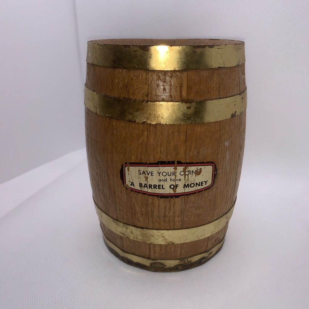 Vintage Wood & Brass Barrel Save Your Coins & Have a Barrel of Money Coin Bank